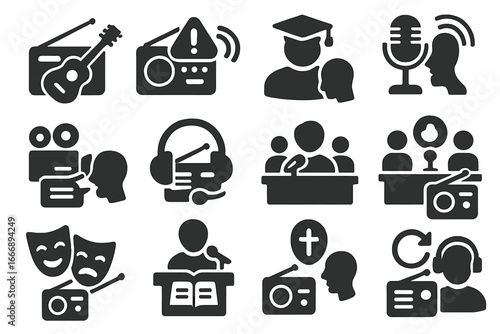 Radio Content Icons. Solid style icons of radio content types: live music session, breaking news alert, educational program,