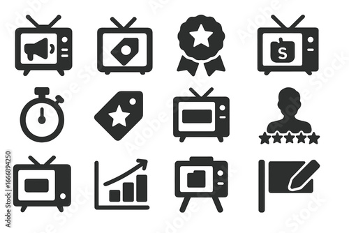 TV Advertising Icons. Solid style icons of TV advertising and sponsorship: commercial break icon, brand ad on screen, sponsor