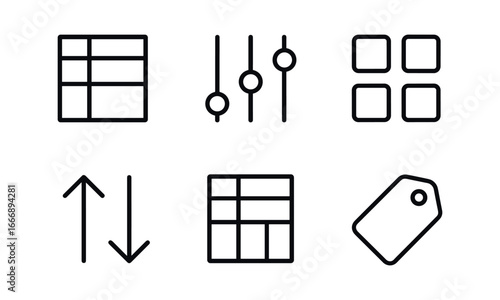 vector outline icons financial forecast model (sensitivity table): table grid slider knobs value cells up/down arrows highlight cell label tag.