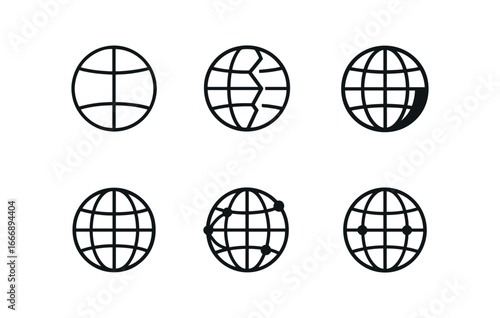 vector outline icons seismologist (earth globe): globe outline latitude lines fault markers shadow smear highlight rim network dots.