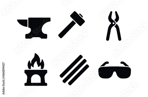 vector solid black filled icons craft training (metalwork): anvil hammer tongs forge metal rods safety goggles.