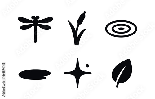 vector solid black filled icons bog (dragonfly perch): dragonfly icon reed tip water shadow smear light flare leaf dot.