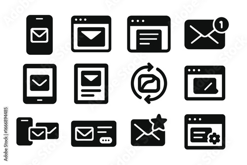 Email Icons Collection. Solid style icons of email clients and apps: mobile mail icon, desktop email app, webmail tab, mail