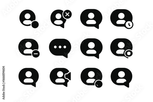 User Status Icons. Solid style icons of chat user statuses: online status, offline status, away status, do not disturb, typing