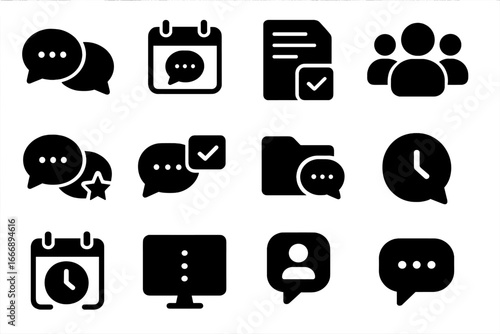 Business Communication Icons. Solid style icons of business chat tools: team chat, meeting invite, project thread, workgroup icon,