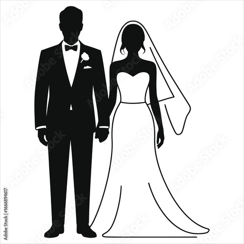 Elegant bride and groom silhouette holding hands, wedding couple illustration in classic tuxedo and flowing bridal gown with veil, romantic marriage symbol, love and commitment vector design