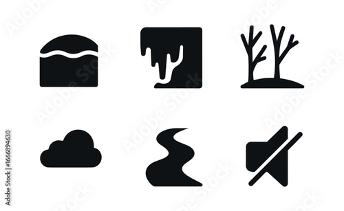 vector solid black filled icons escarpment (winter): snow layer icy edge bare trees gray sky stream silence.