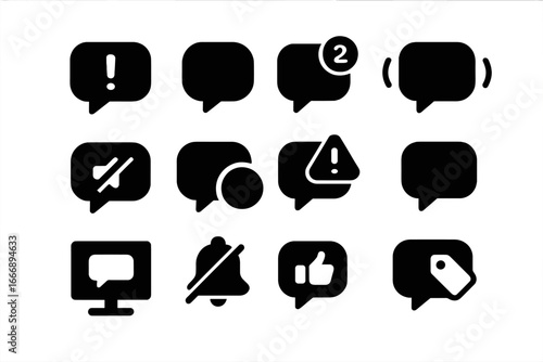 Chat Notification Icons. Solid style icons of chat notifications: message alert, new message badge, unread count, ping sound, mute