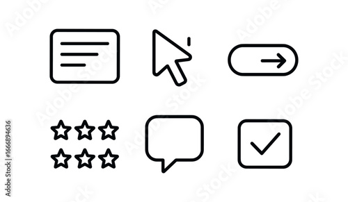 vector outline icons client retention strategy (feedback form): text area cursor blink submit button star rating comment bubble check box.