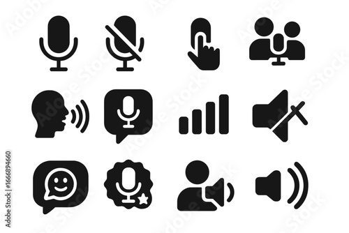 Voice Chat Icons. Solid style icons of voice and audio chat: mic on, mic off, push to talk, voice channel, join audio, voice