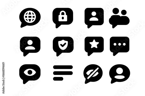 Comment Visibility Icons. Solid style icons of comment visibility: public comment, private comment, followers only, members only,