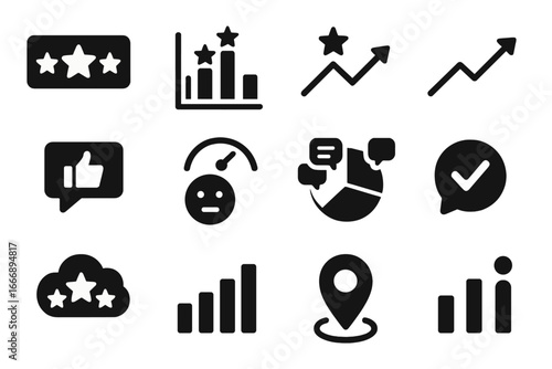 Review Analytics Icons. Solid style icons of review analytics: average rating, rating breakdown, review graph, review trend, most
