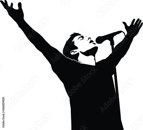Vector art of the silhouette of a singer performing on stage with a microphone, expressing passion and energy through music