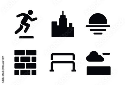 vector solid black filled icons urban freerunning (rooftops): athlete mid jump city skyline sunset light brick buildings metal rails open air.