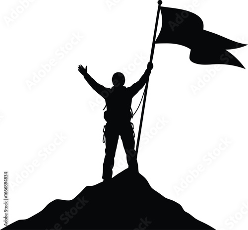 Vector art of a silhouette of a man on top of a mountain holding a flag, symbolizing success, achievement, and victory. a powerful image of leadership and triumph