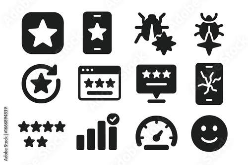 App Rating Icons. Solid style icons of app ratings: app store star, mobile app score, bug report impact, update review, interface