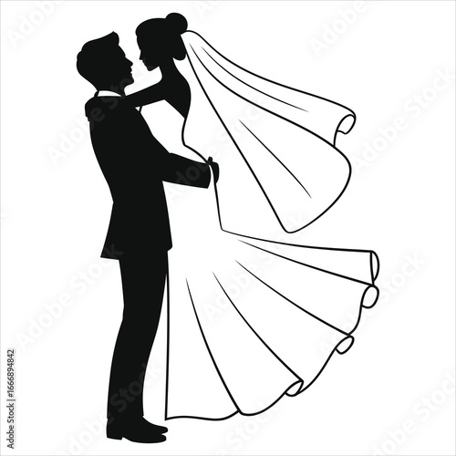 Silhouette of a groom lifting his bride in a flowing wedding dress and veil, symbolizing love, romance, marriage, celebration, unity, and commitment, perfect for wedding and romantic themes.