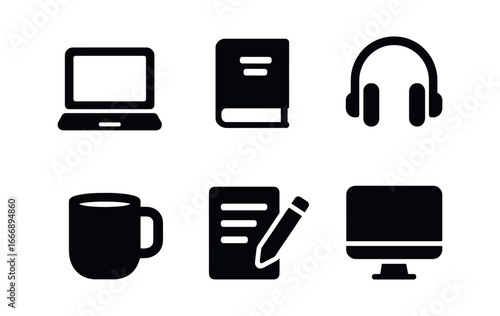 vector solid black filled icons lexicographer (digital work): laptop database headphones coffee mug notes monitor screen.