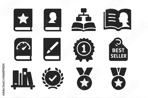 Stylized Book Rating Icons. Solid style icons of book ratings: literary star, author score, plot rating, character development,