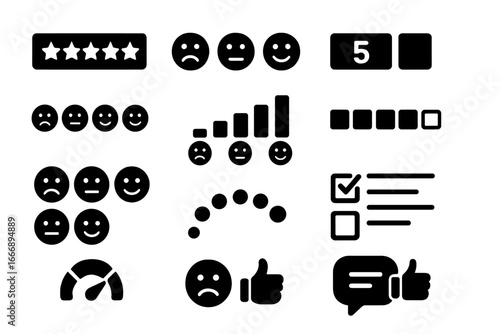 Solid Feedback Icons. Solid style icons of feedback ratings: star score, emoji scale, numeric rating, smiley face row,