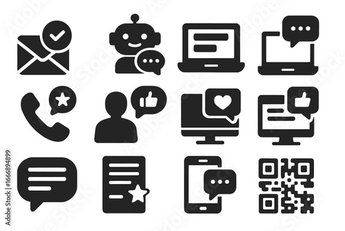 Feedback Channels Icons. Solid style icons of feedback channels: email feedback, chatbot input, webform icon, live chat, phone