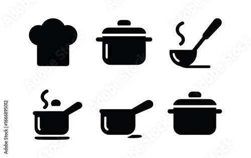 vector solid black filled icons chef hat and utensils (saucepan set): pot outline lid knob handle grip swirl shadow smear light rim.