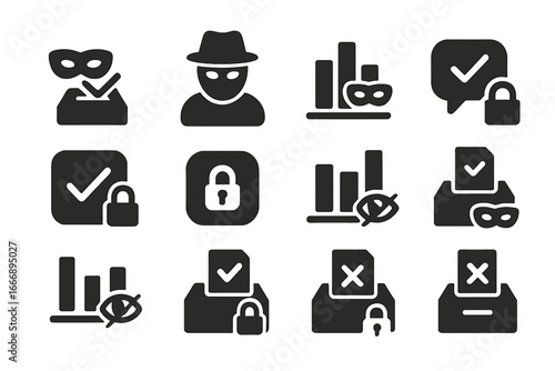 Anonymous Poll Icons. Solid style icons of anonymous polls: masked vote icon, incognito voter, hidden result bar, secure poll