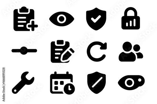 Polling Tools Icons. Solid style icons of polling settings and tools: add poll icon, poll visibility toggle, voting permissions,