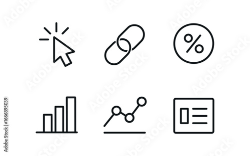 vector outline icons email campaign analytics (click rate): cursor click link chain percent circle bar graph data label legend box.