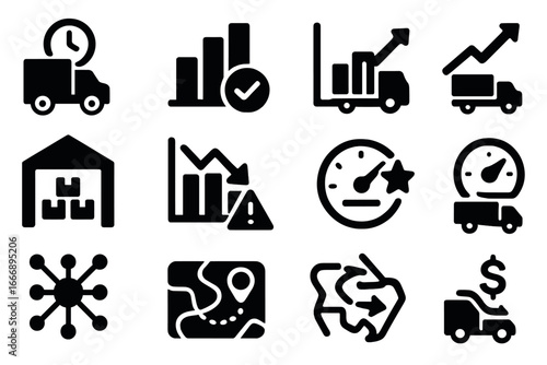 Logistics Analytics Icons. Solid style icons of logistics analytics: delivery time chart, fulfillment rate bar, transport