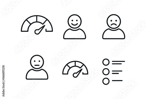 vector outline icons customer satisfaction survey (net promoter score): NPS gauge promoter icon detractor icon passives icon score dial legend.