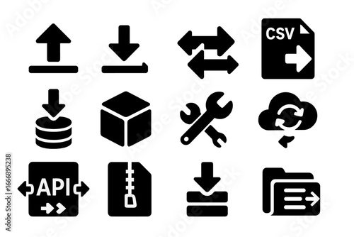 Data Exchange Icons. Solid style icons of data export/import: export icon, import icon, transfer arrows, CSV file out, database in
