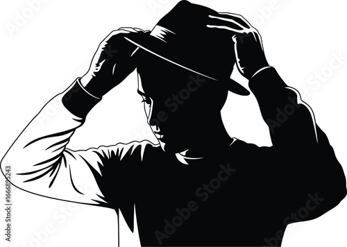 Vector art of a mysterious man silhouette adjusting his hat, creating a classic and stylish portrait with a touch of retro elegance.