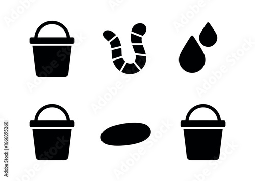 vector solid black filled icons fishing dock (bait bucket): bucket outline worm icon water drips shadow smear light rim handle loop.