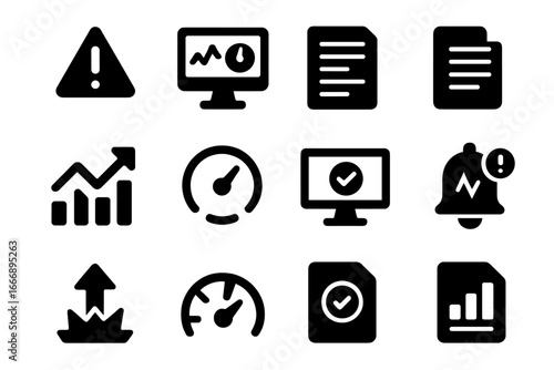 Data Monitoring Icons. Solid style icons of data monitoring: alert icon, real-time dashboard, log file, system usage graph, metric