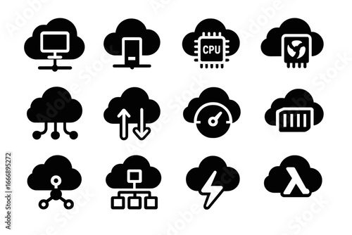 Cloud Computing Icons. Solid style icons of cloud computing: virtual machine icon, compute node, CPU in cloud, GPU cloud icon,
