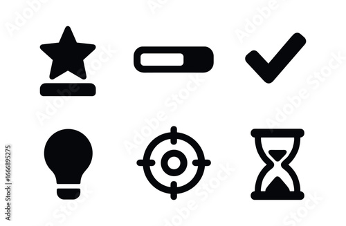 vector solid black filled icons notebook planner (productivity): priority star progress bar check mark idea bulb focus target timer hourglass.