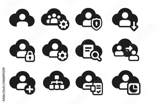Cloud User Management Icons. Solid style icons of cloud user management: user icon cloud, group settings, admin role icon, user