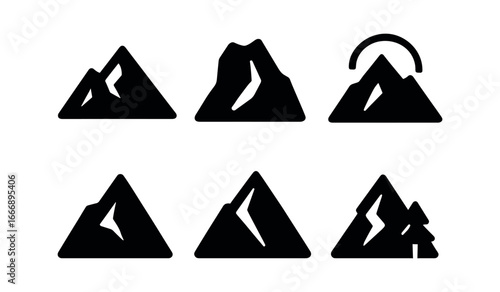 vector solid black filled icons ridge (mountain crest): crest line rock outcrop sky arc shadow highlight rim tree dot.