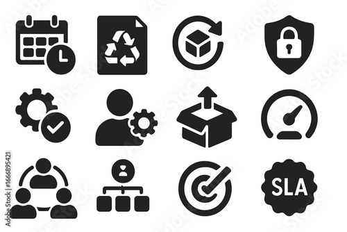 Backup Policy Icons. Solid style icons of backup policies: backup schedule plan, retention policy icon, lifecycle icon, access