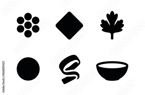 vector solid black filled icons high protein meal (lentil salad): lentil cluster tomato dice cucumber ribbon olive dot parsley sprig bowl rim.