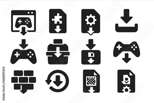 Game Download Icons. Solid style icons of game downloads: game installer icon, DLC file fetch, game patch download, launcher