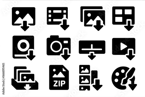 Multimedia Download Icons. Solid style icons of multimedia download interfaces: gallery download icon, video playlist save, image