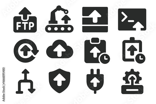 Upload Utility Icons. Solid style icons of upload utilities: FTP arrow icon, automation tool tray, segmented file upload, CLI