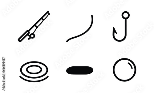 vector outline icons Backwater (fishing rod): rod outline line curve hook icon water shadow smear highlight rim.