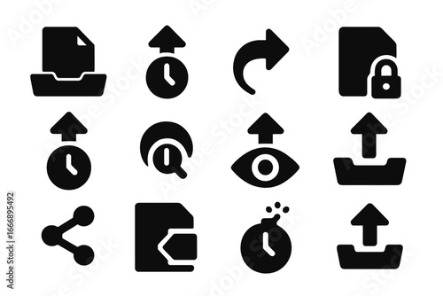 Temporary Upload Icons. Solid style icons of temporary uploads: temp file tray, self-expiring upload icon, one-time link arrow,