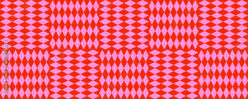Circus seamless harlequin pattern with red and pink diamond rhombus shapes. Bold fun vector texture for costumes, party decor, or retro designs. Drag to swatches panel to use