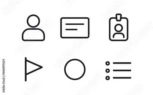 vector outline icons agile sprint board (user stories): user silhouette story card ID tag priority flag estimate point list bullets.