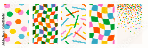 Seamless patterns with colorful dot, wavy checker and confetti in bright retro abstract style. Dot and checker seamless patterns with multiply effect Perfect for kids prints, wrapping paper.