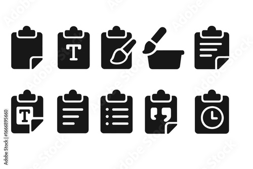 Text Paste Icons. Solid style icons of text pasting functions: plain text paste icon, rich text insert, format-preserving paste,